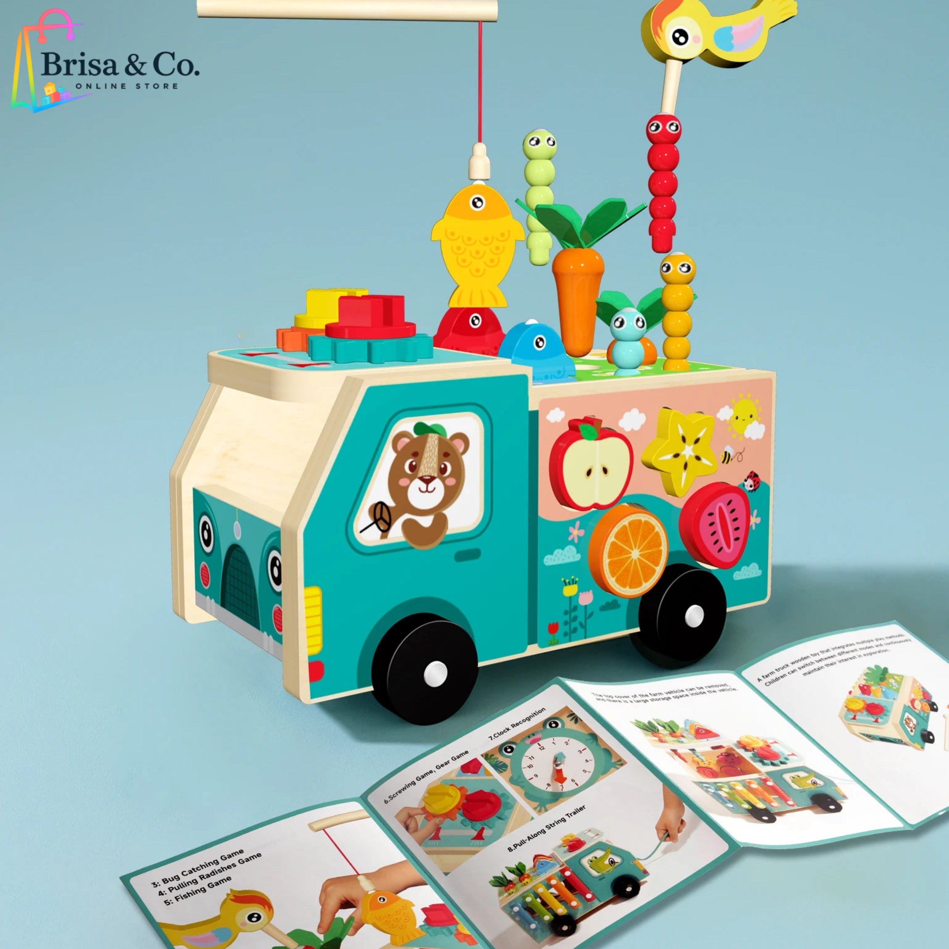 5-Montessori Wooden Farm Activity Truck – 8-in-1 Educational Toy with Piano, Hammer Game & Radish Pulling