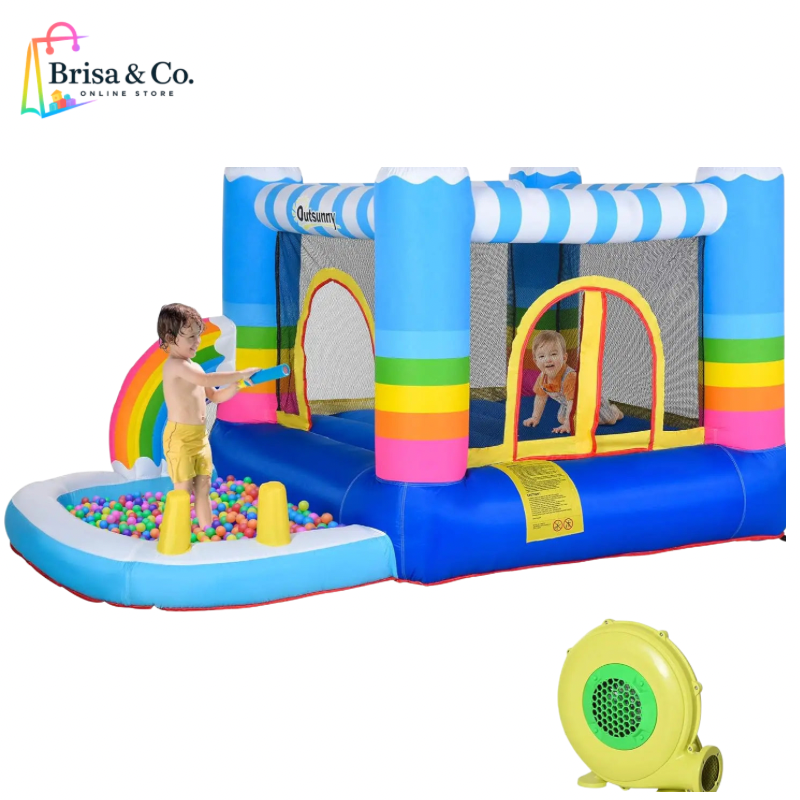 4- 🌈Rainbow 2-in-1 Bounce House with Ball Pit & Slide – Includes Air Blower & Carry Bag