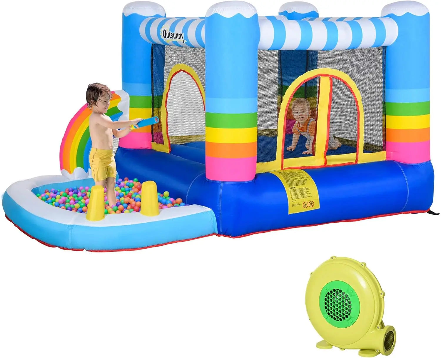 4- 🌈Rainbow 2-in-1 Bounce House with Ball Pit & Slide – Includes Air Blower & Carry Bag