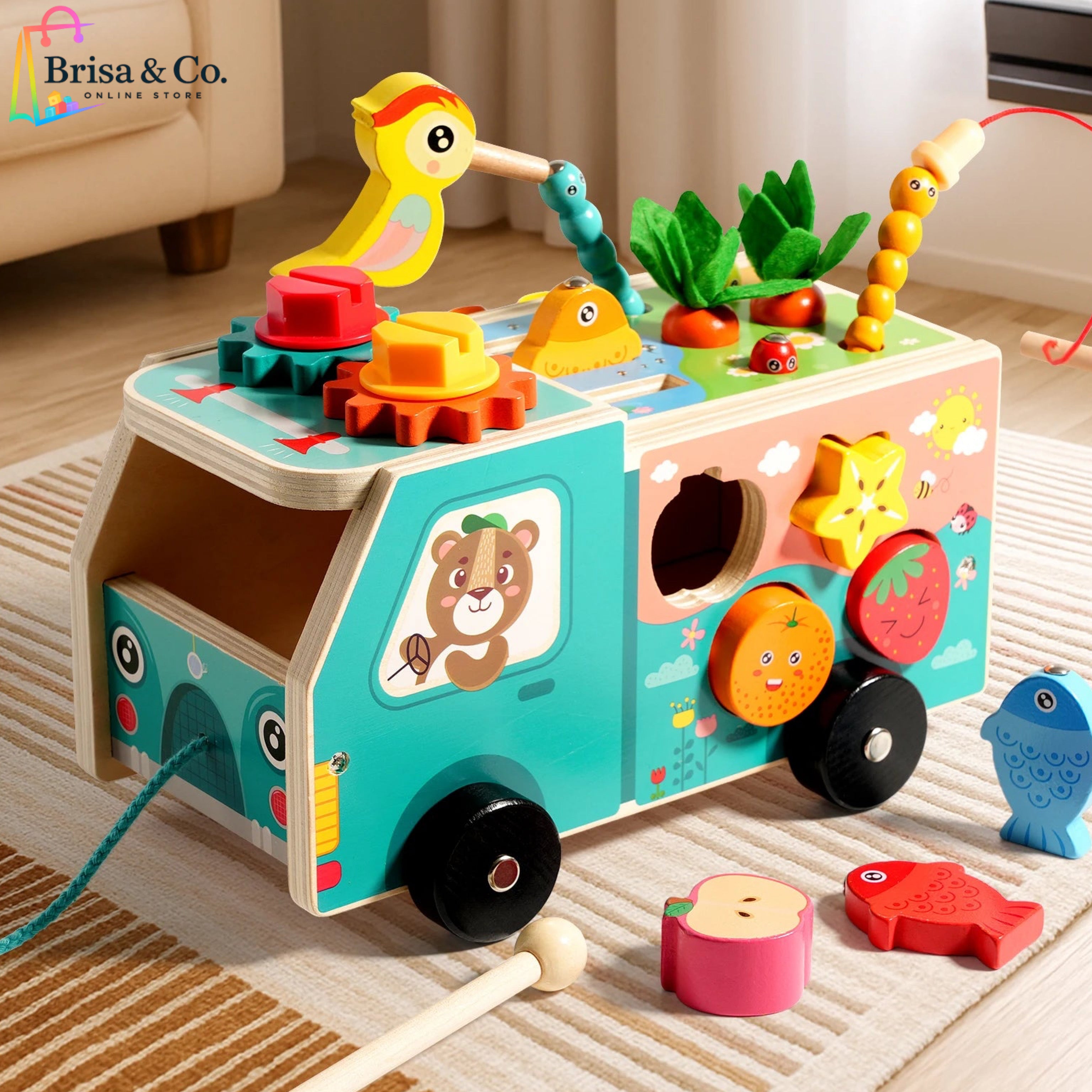 5-Montessori Wooden Farm Activity Truck – 8-in-1 Educational Toy with Piano, Hammer Game & Radish Pulling