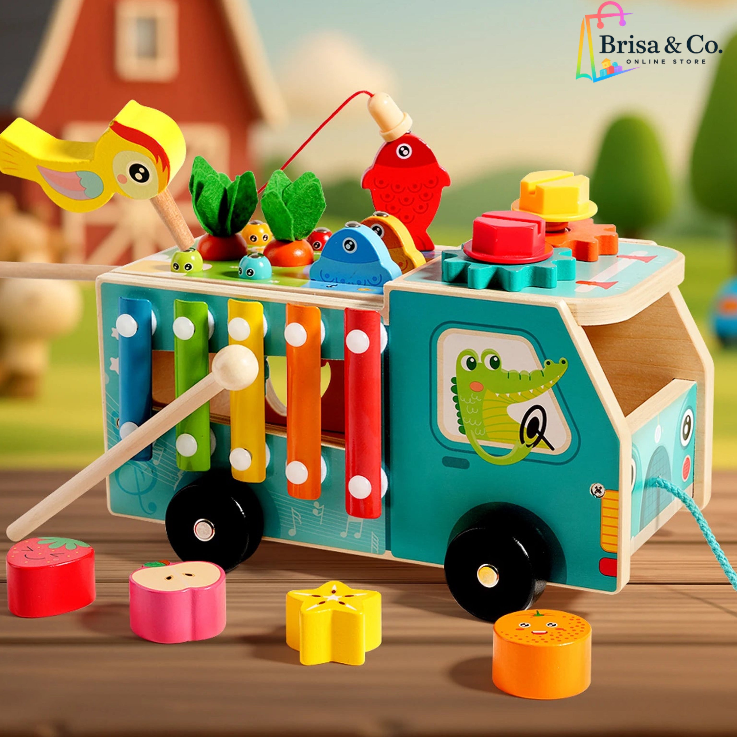 5-Montessori Wooden Farm Activity Truck – 8-in-1 Educational Toy with Piano, Hammer Game & Radish Pulling