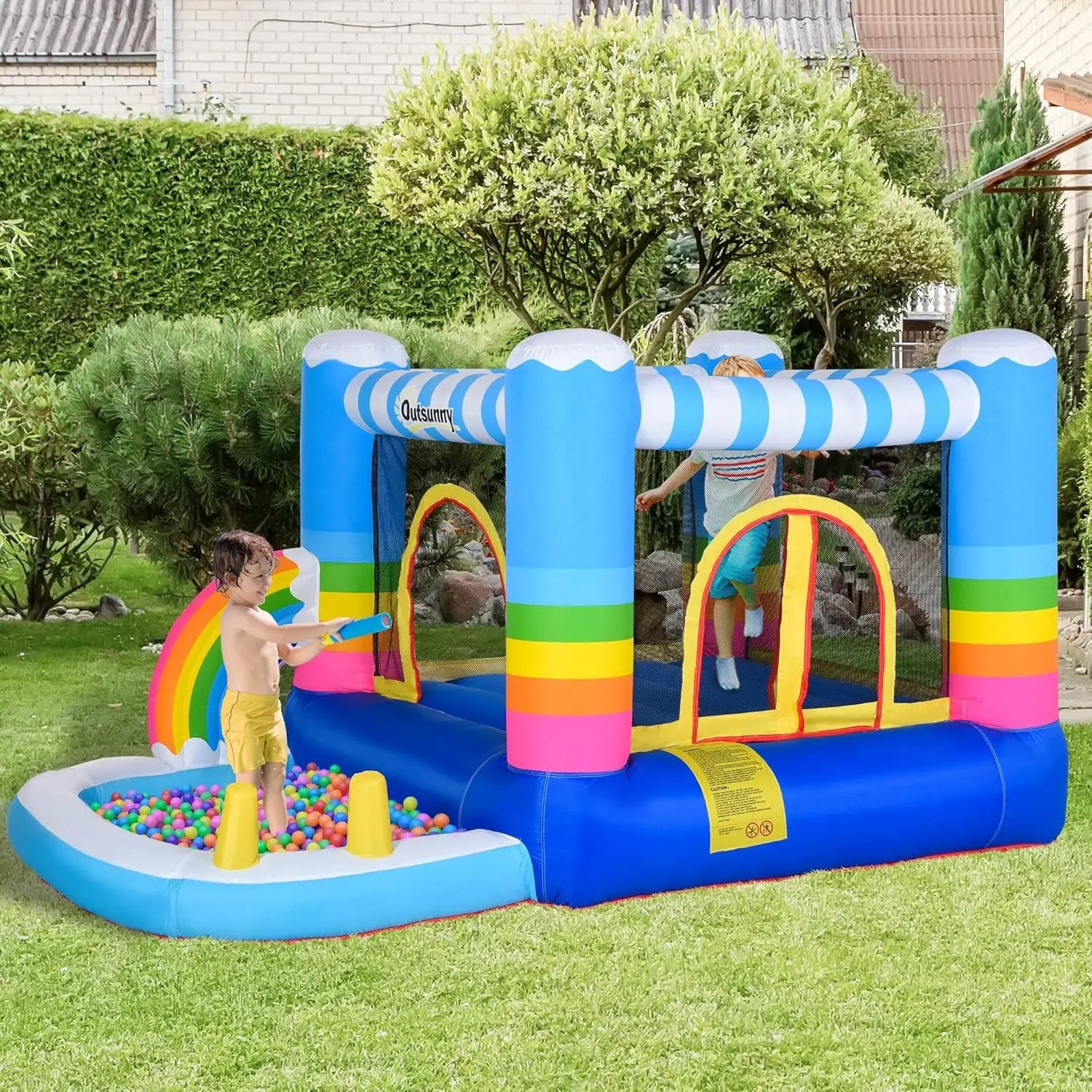 4- 🌈Rainbow 2-in-1 Bounce House with Ball Pit & Slide – Includes Air Blower & Carry Bag