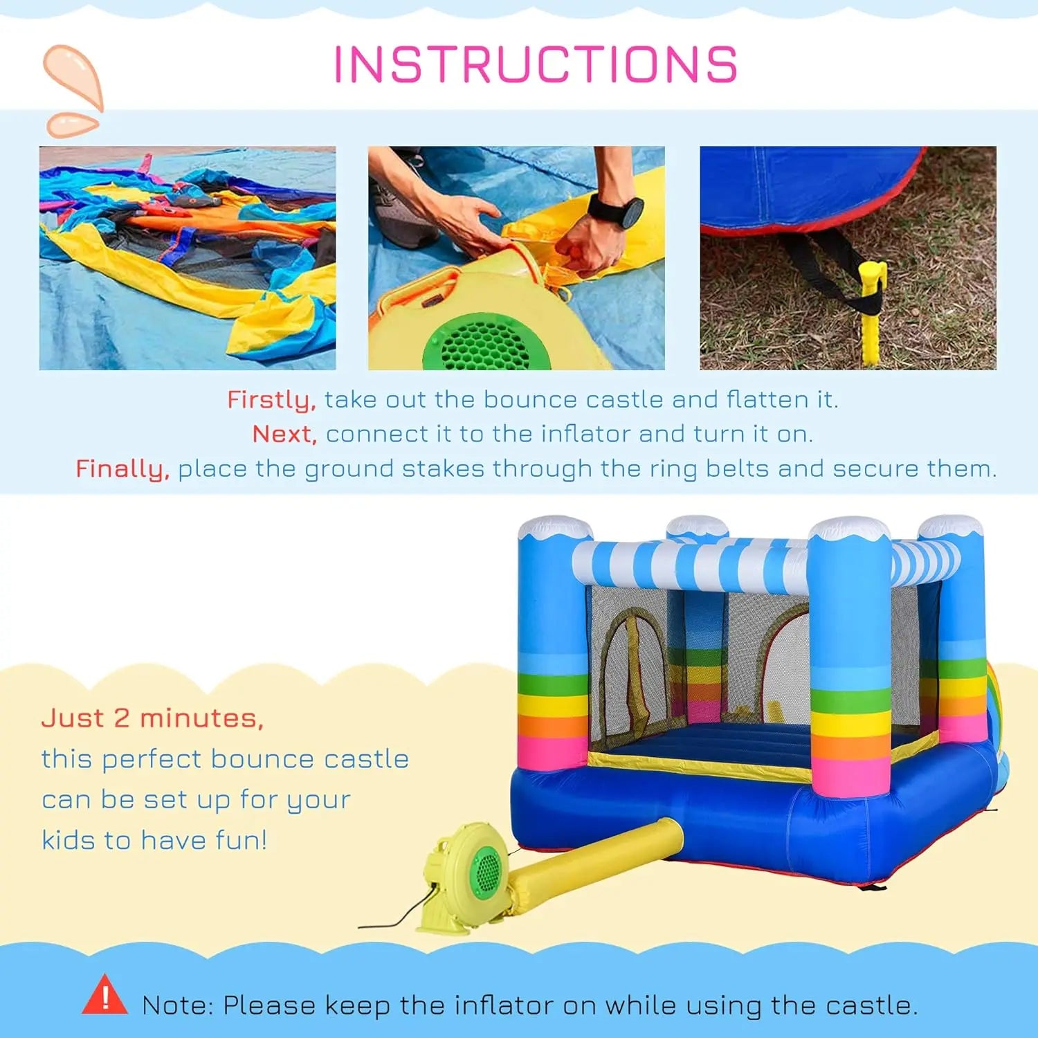 4- 🌈Rainbow 2-in-1 Bounce House with Ball Pit & Slide – Includes Air Blower & Carry Bag